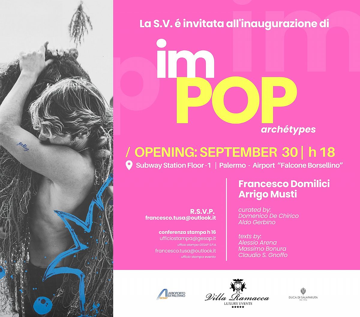 Invito conferenza stampa mostra d'arte contemporanea imPOP Archetypes di Francesco Domilici ed Arrigo Musti 30 settembre ore 16:00